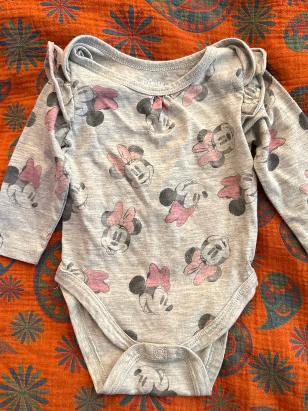 Disney Gray One-Piece with Pink Minnie Mouse Faces and Ruffle Shoulders